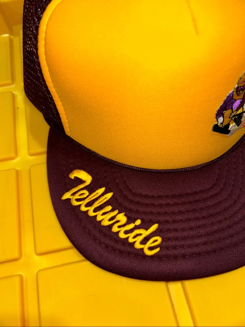 New! Vintage burgundy/gold trucker hat with Telluride ski patches